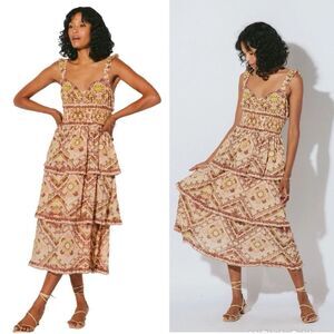 Cleobella Stella Midi Dress in Geo Print Brown Neutral Ruffle Size S / Pristine